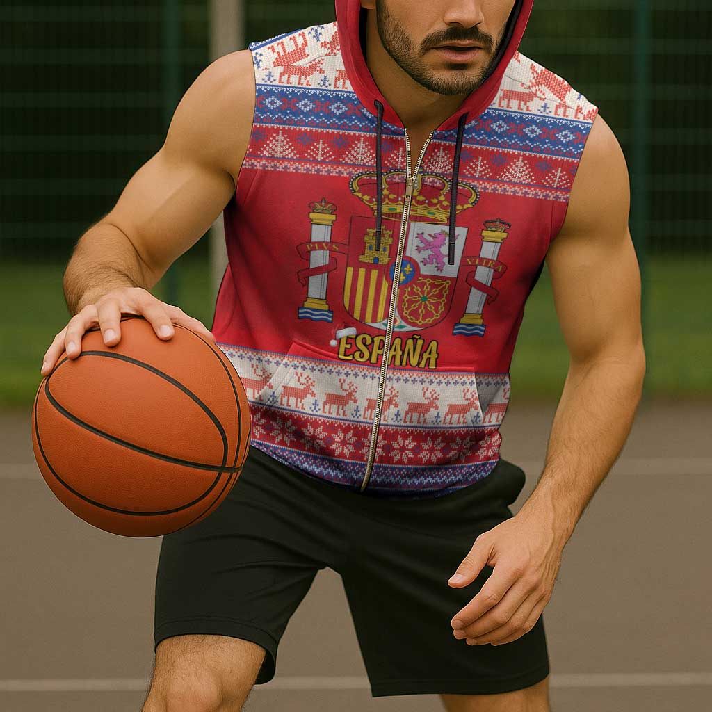 Spain Coat Of Arms Christmas Sleeveless Zip Hoodie Feliz Navidad - Wonder Print Shop
