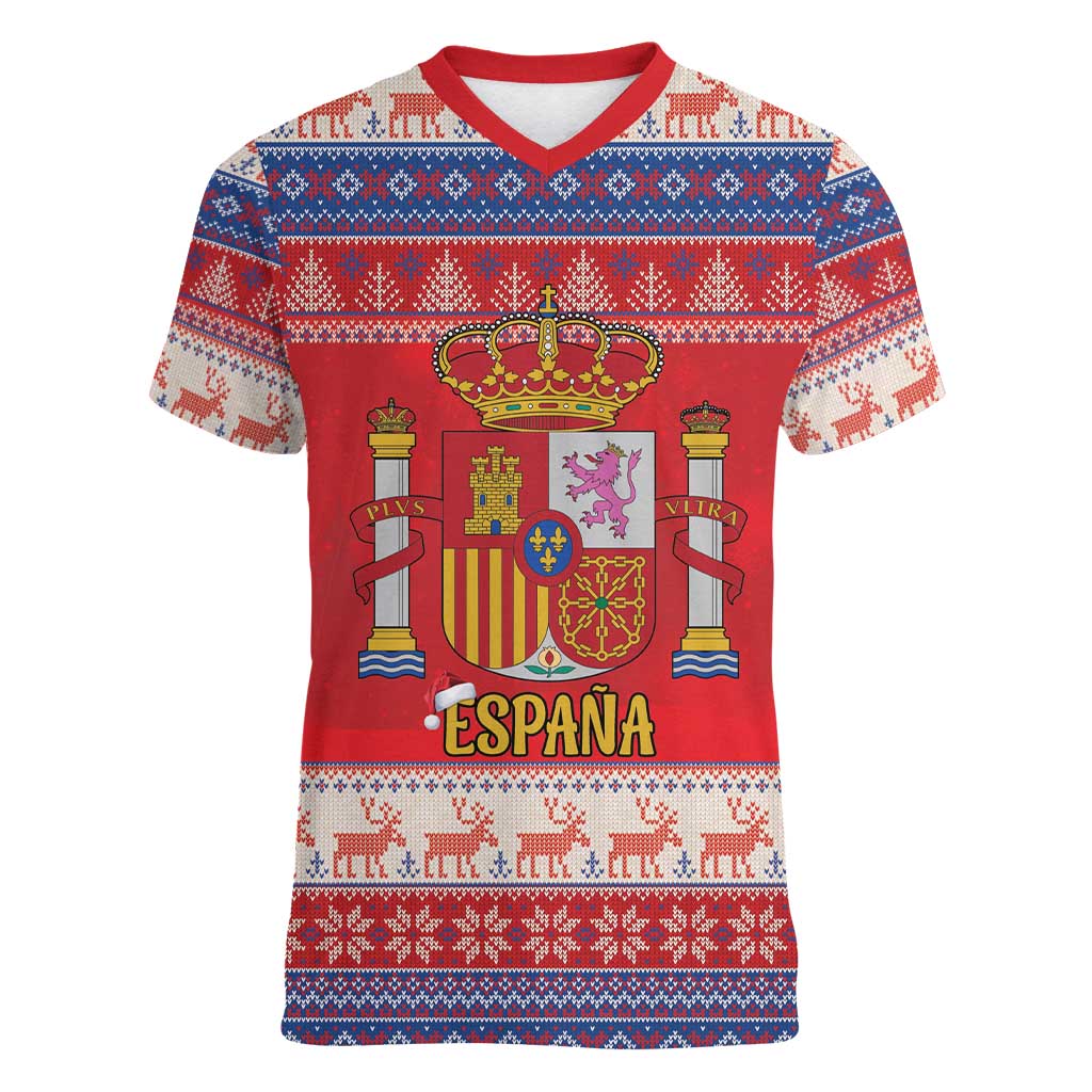 Spain Coat Of Arms Christmas Women V-Neck T-Shirt Feliz Navidad - Wonder Print Shop