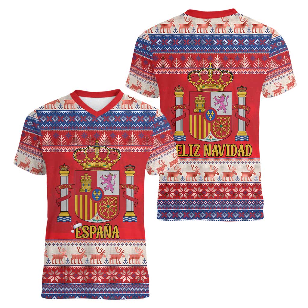 Spain Coat Of Arms Christmas Women V-Neck T-Shirt Feliz Navidad - Wonder Print Shop