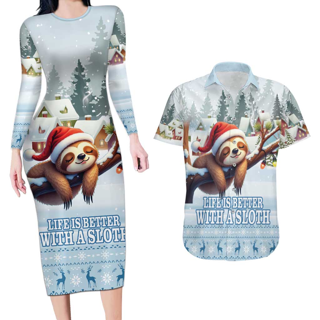 Merry Slothmas Couples Matching Long Sleeve Bodycon Dress and Hawaiian Shirt Life Is Better With A Sloth - Wonder Print Shop