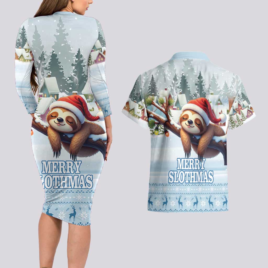Merry Slothmas Couples Matching Long Sleeve Bodycon Dress and Hawaiian Shirt Life Is Better With A Sloth - Wonder Print Shop