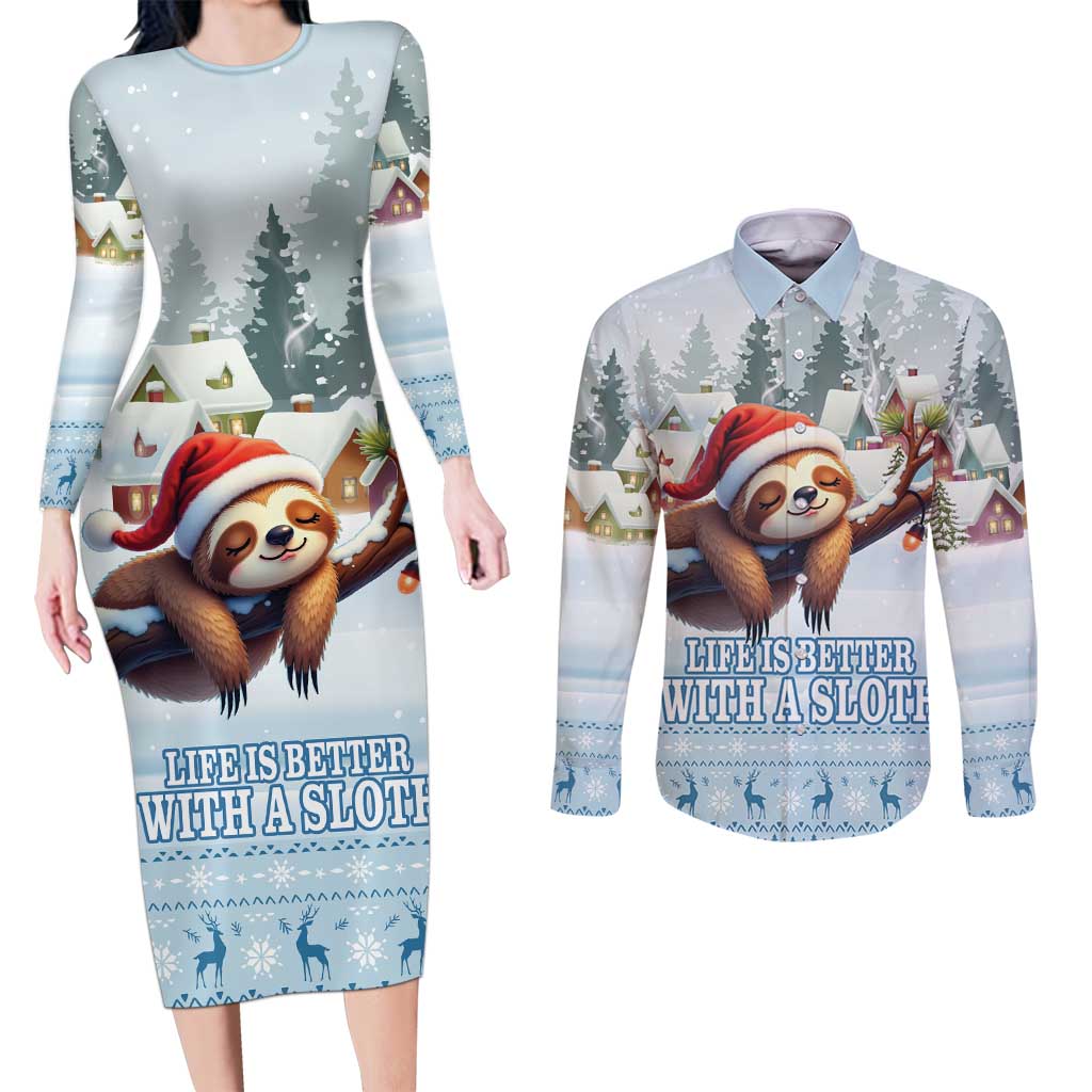 Merry Slothmas Couples Matching Long Sleeve Bodycon Dress and Long Sleeve Button Shirt Life Is Better With A Sloth - Wonder Print Shop