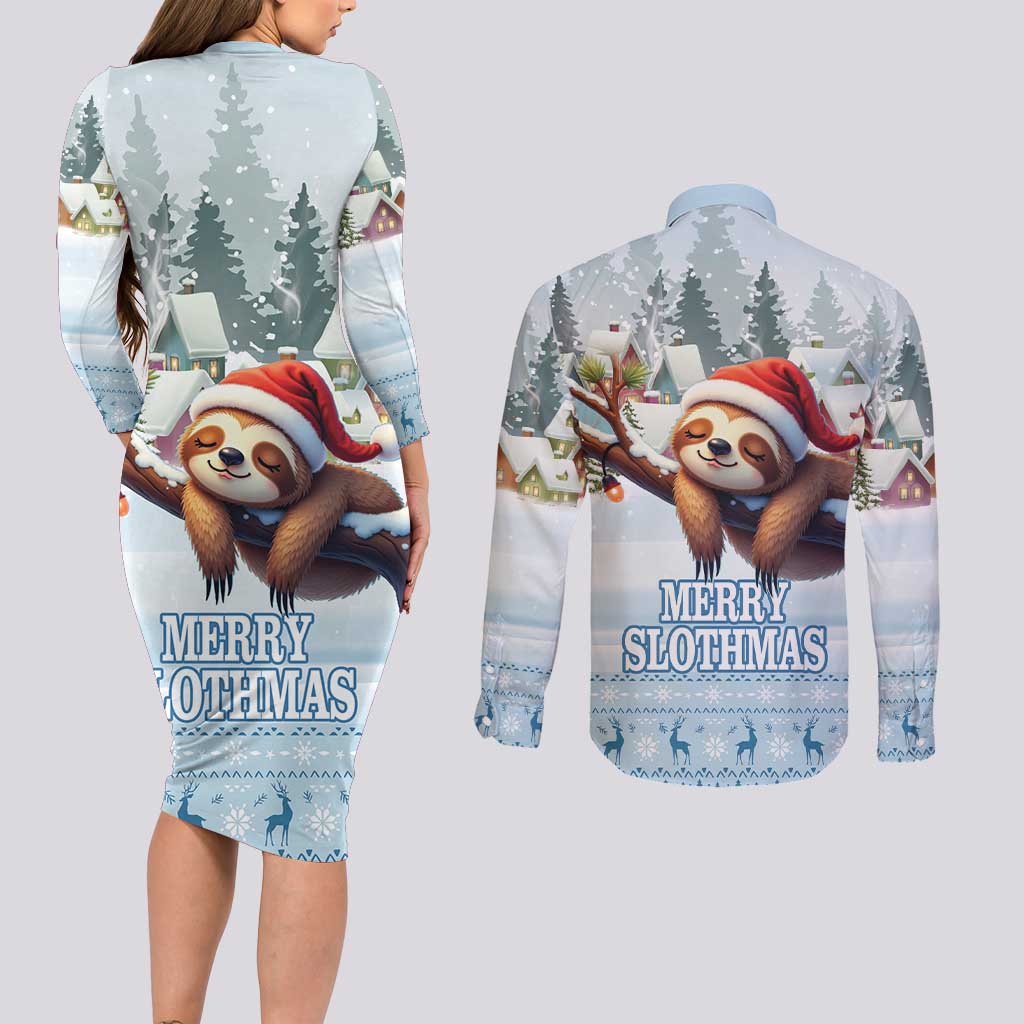 Merry Slothmas Couples Matching Long Sleeve Bodycon Dress and Long Sleeve Button Shirt Life Is Better With A Sloth - Wonder Print Shop