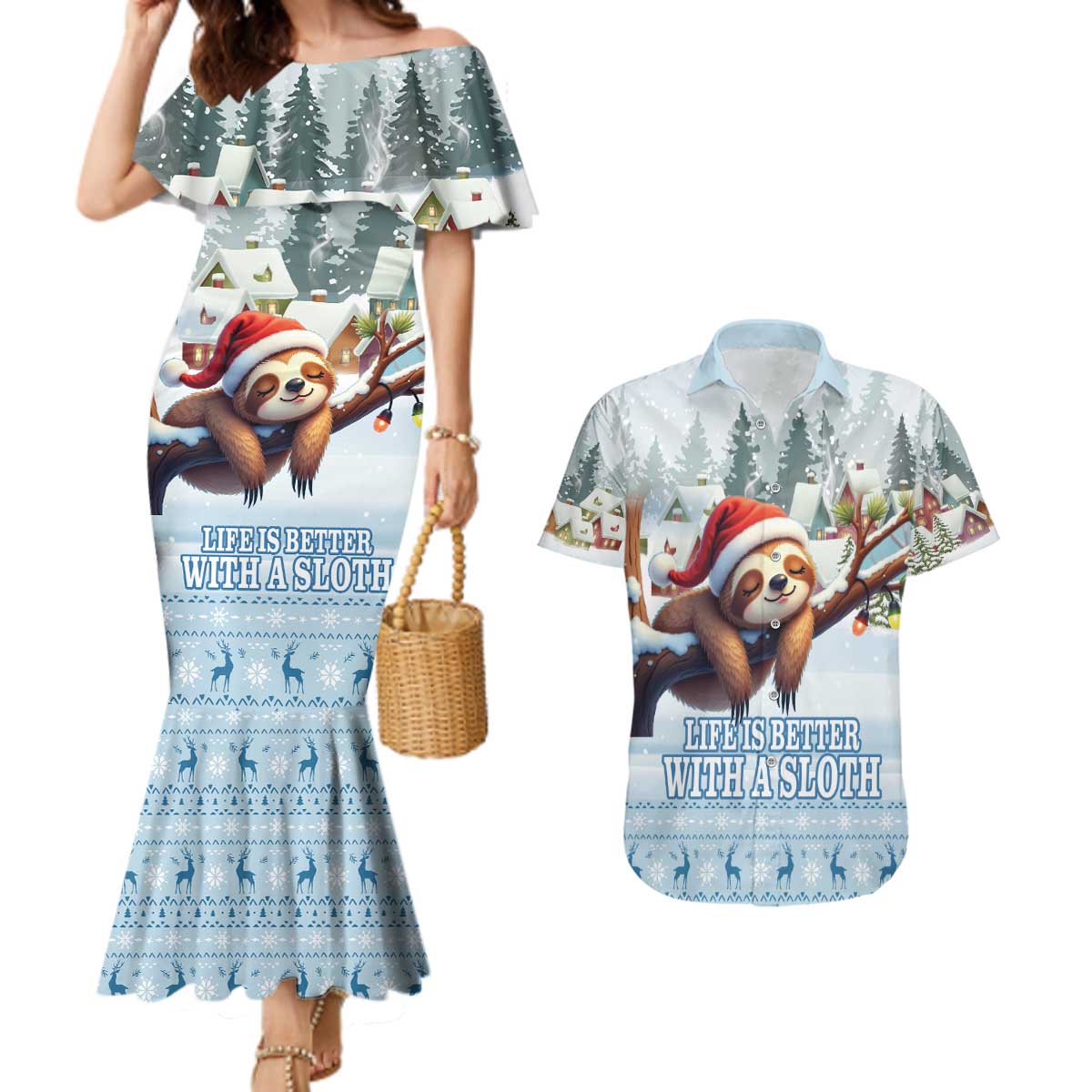 Merry Slothmas Couples Matching Mermaid Dress and Hawaiian Shirt Life Is Better With A Sloth - Wonder Print Shop