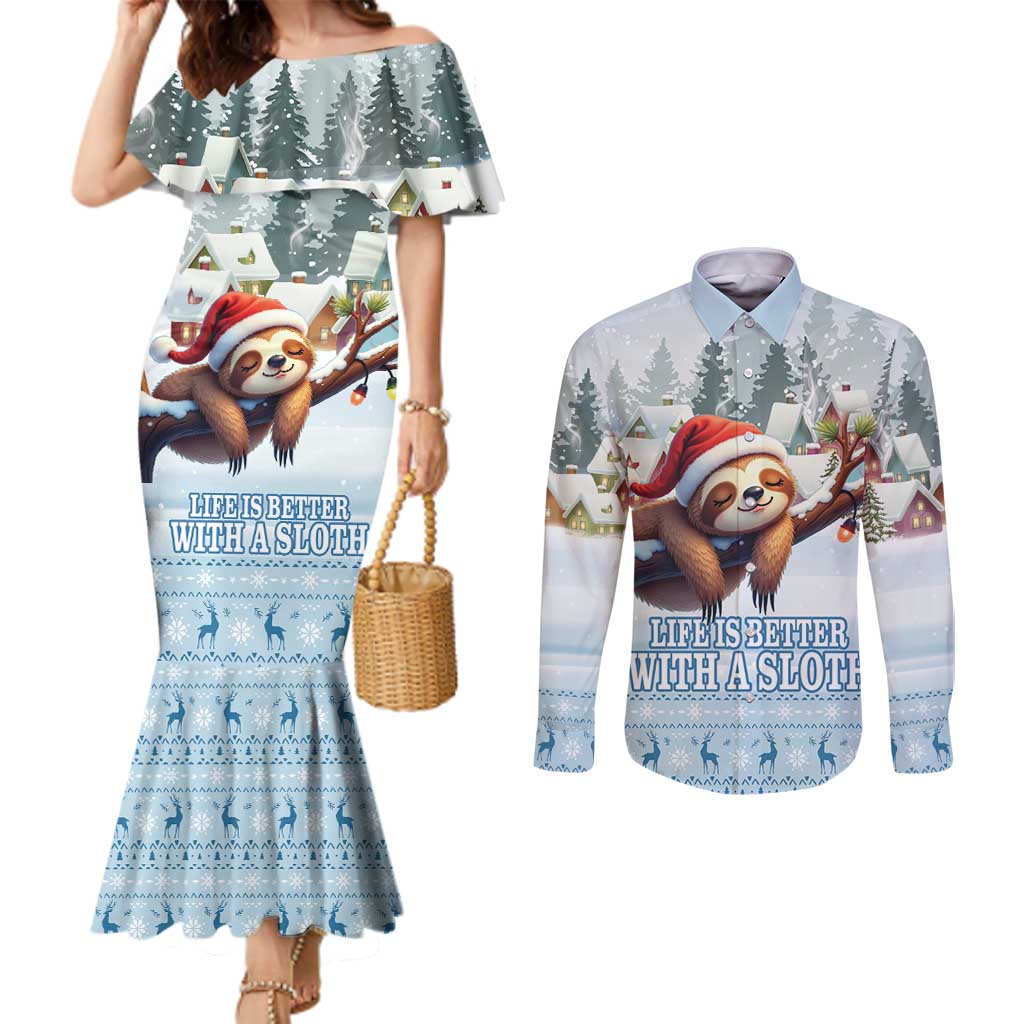 Merry Slothmas Couples Matching Mermaid Dress and Long Sleeve Button Shirt Life Is Better With A Sloth