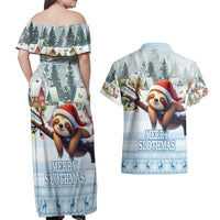 Merry Slothmas Couples Matching Off Shoulder Maxi Dress and Hawaiian Shirt Life Is Better With A Sloth - Wonder Print Shop