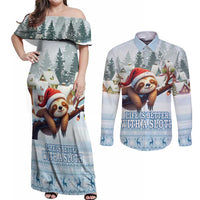 Merry Slothmas Couples Matching Off Shoulder Maxi Dress and Long Sleeve Button Shirt Life Is Better With A Sloth - Wonder Print Shop