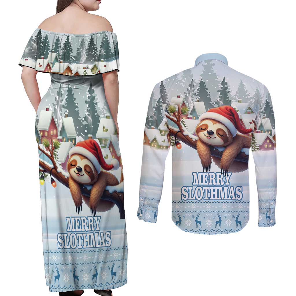 Merry Slothmas Couples Matching Off Shoulder Maxi Dress and Long Sleeve Button Shirt Life Is Better With A Sloth - Wonder Print Shop