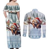 Merry Slothmas Couples Matching Off Shoulder Maxi Dress and Long Sleeve Button Shirt Life Is Better With A Sloth - Wonder Print Shop