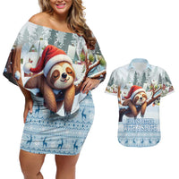 Merry Slothmas Couples Matching Off Shoulder Short Dress and Hawaiian Shirt Life Is Better With A Sloth - Wonder Print Shop