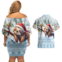 Merry Slothmas Couples Matching Off Shoulder Short Dress and Hawaiian Shirt Life Is Better With A Sloth - Wonder Print Shop