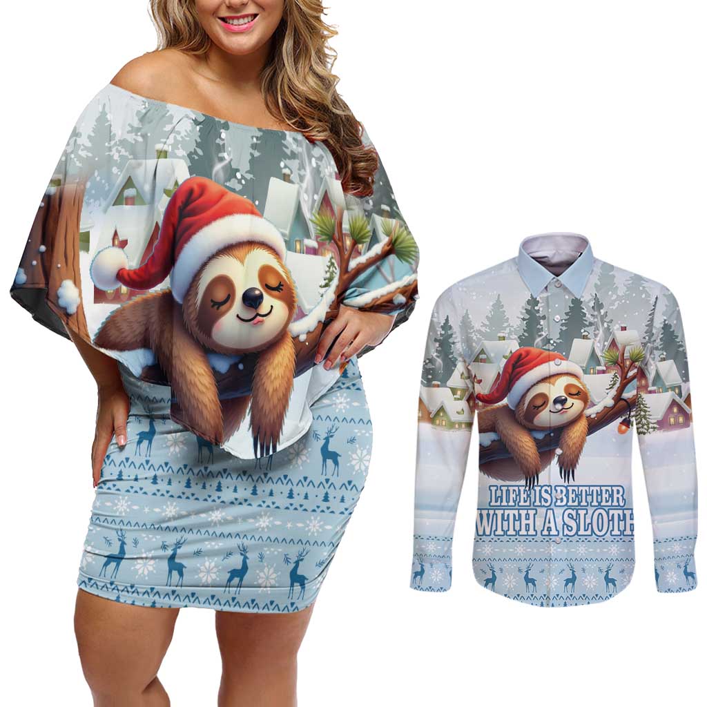 Merry Slothmas Couples Matching Off Shoulder Short Dress and Long Sleeve Button Shirt Life Is Better With A Sloth - Wonder Print Shop