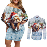 Merry Slothmas Couples Matching Off Shoulder Short Dress and Long Sleeve Button Shirt Life Is Better With A Sloth - Wonder Print Shop