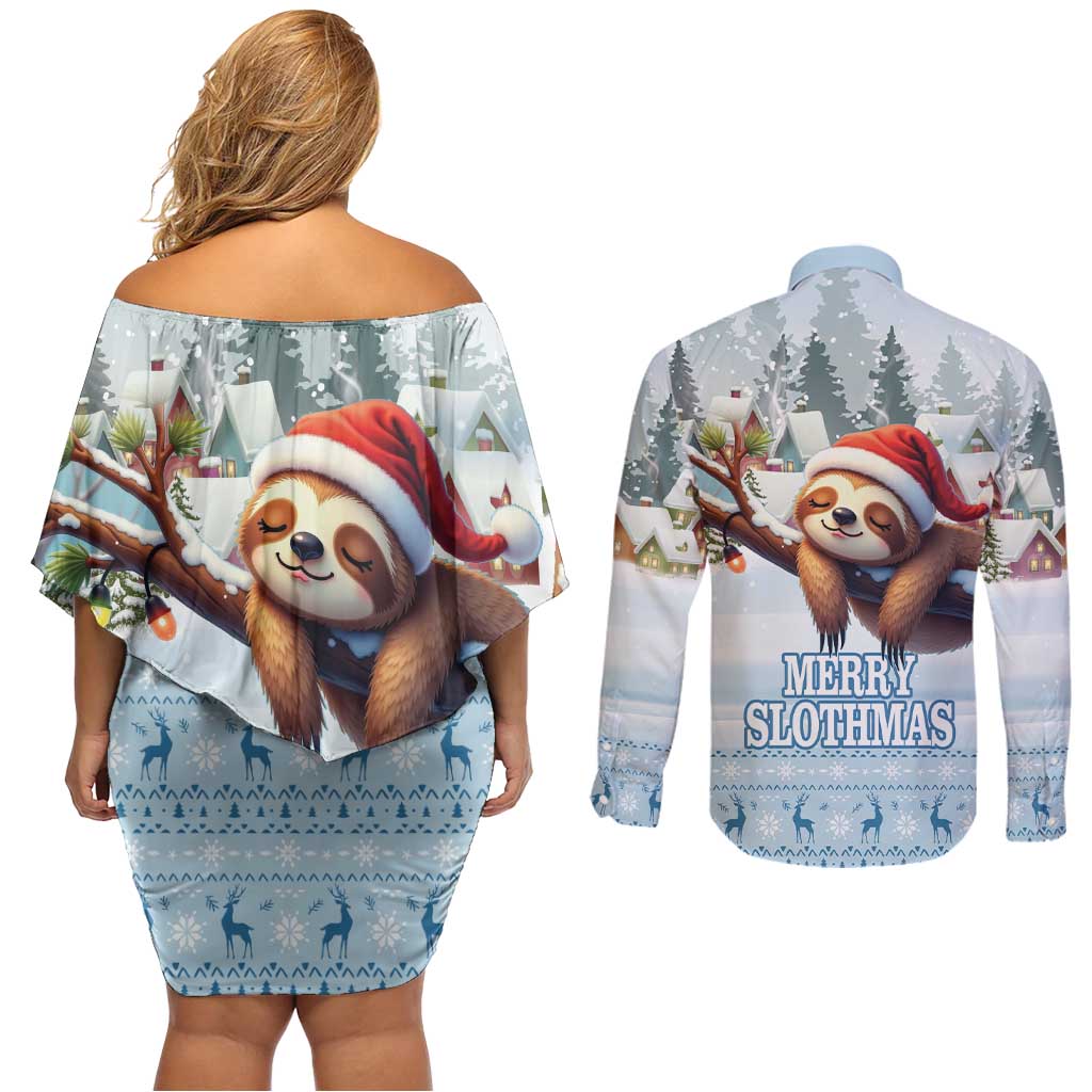 Merry Slothmas Couples Matching Off Shoulder Short Dress and Long Sleeve Button Shirt Life Is Better With A Sloth - Wonder Print Shop
