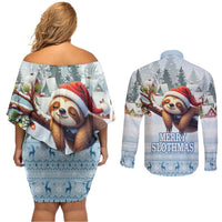 Merry Slothmas Couples Matching Off Shoulder Short Dress and Long Sleeve Button Shirt Life Is Better With A Sloth - Wonder Print Shop