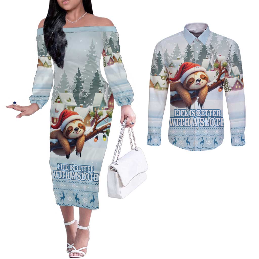 Merry Slothmas Couples Matching Off The Shoulder Long Sleeve Dress and Long Sleeve Button Shirt Life Is Better With A Sloth