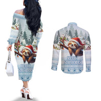 Merry Slothmas Couples Matching Off The Shoulder Long Sleeve Dress and Long Sleeve Button Shirt Life Is Better With A Sloth