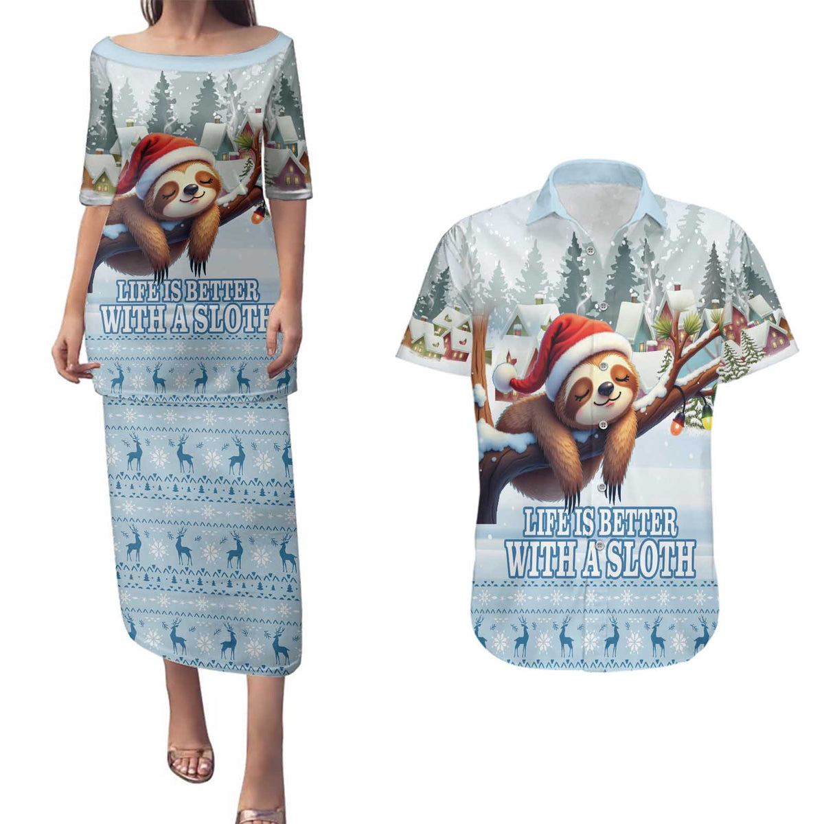 Merry Slothmas Couples Matching Puletasi and Hawaiian Shirt Life Is Better With A Sloth - Wonder Print Shop