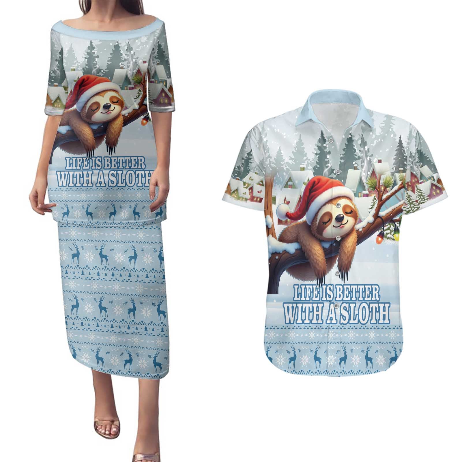Merry Slothmas Couples Matching Puletasi and Hawaiian Shirt Life Is Better With A Sloth - Wonder Print Shop