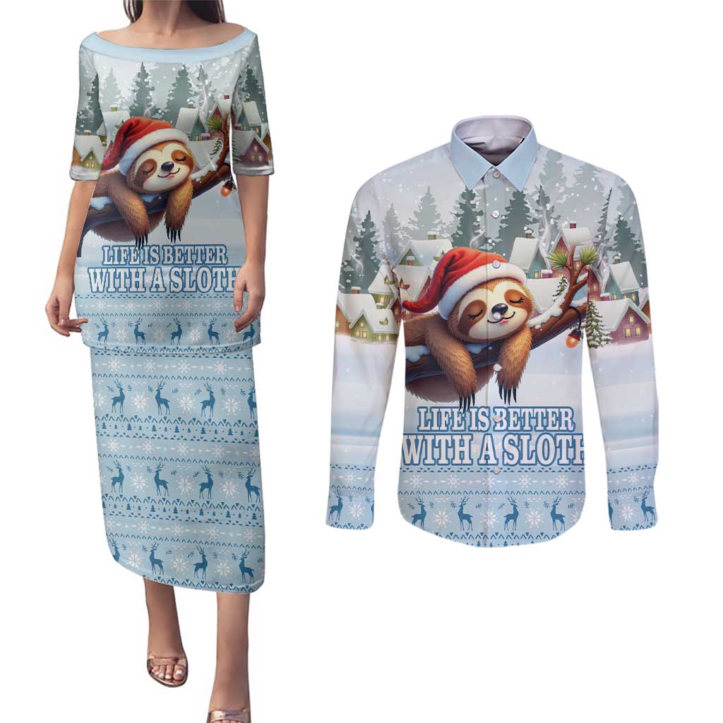 Merry Slothmas Couples Matching Puletasi and Long Sleeve Button Shirt Life Is Better With A Sloth - Wonder Print Shop