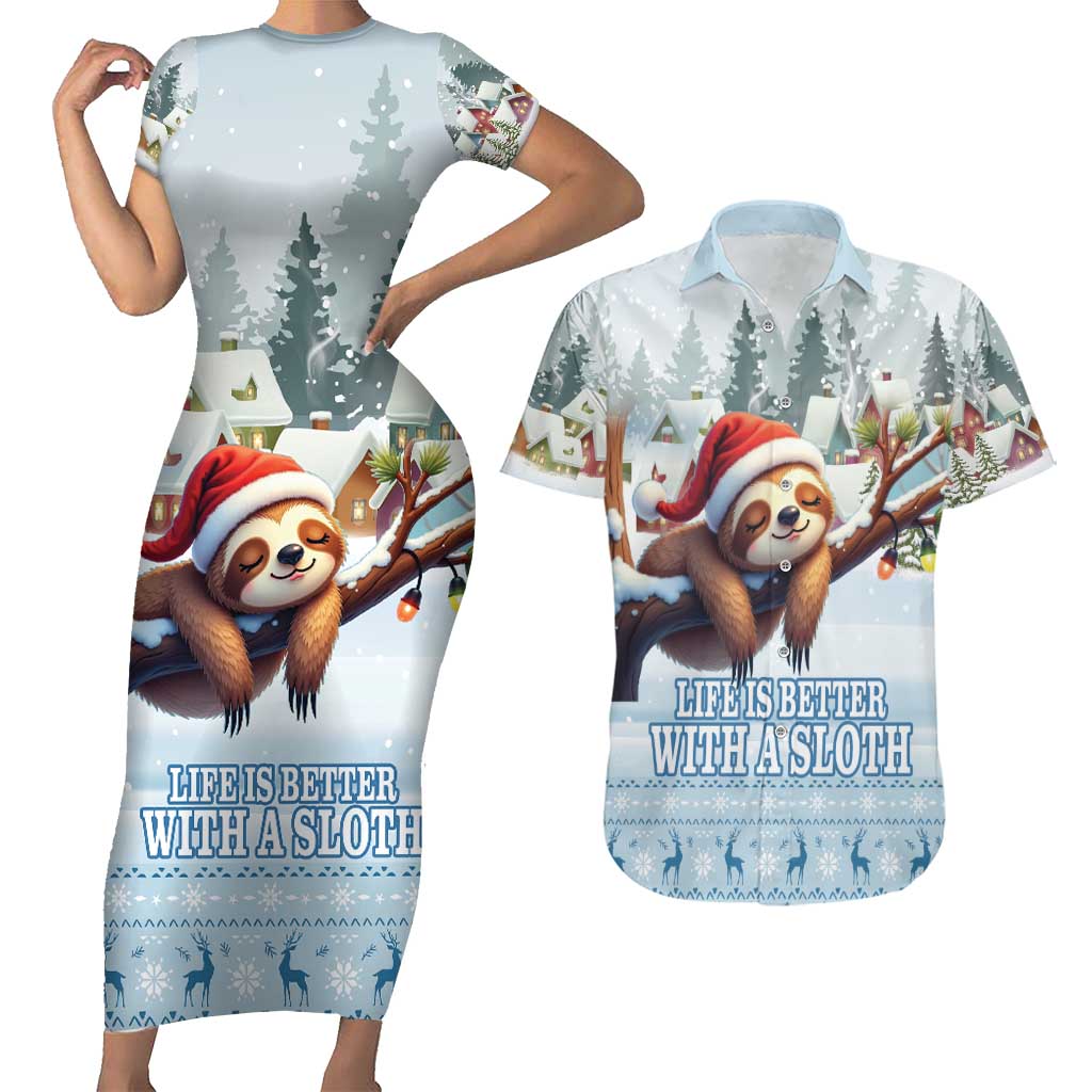 Merry Slothmas Couples Matching Short Sleeve Bodycon Dress and Hawaiian Shirt Life Is Better With A Sloth - Wonder Print Shop