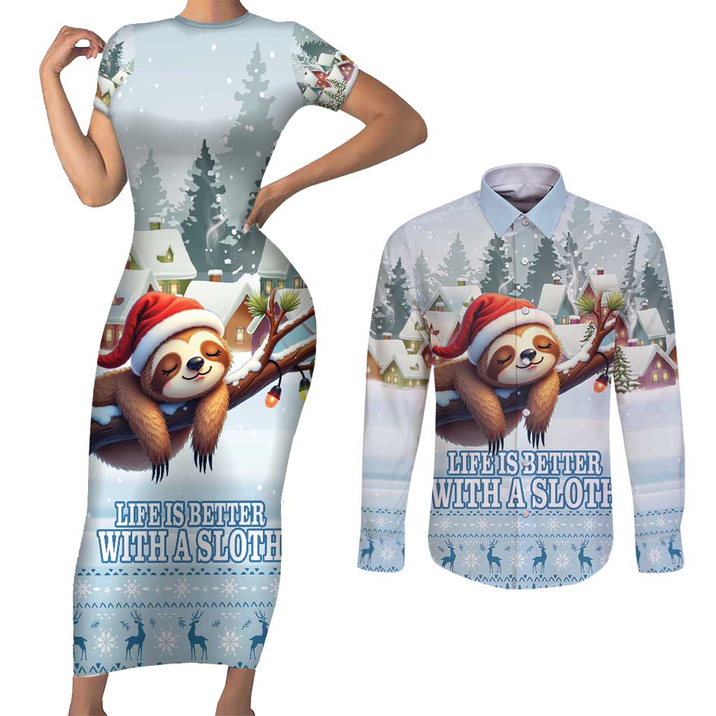 Merry Slothmas Couples Matching Short Sleeve Bodycon Dress and Long Sleeve Button Shirt Life Is Better With A Sloth - Wonder Print Shop