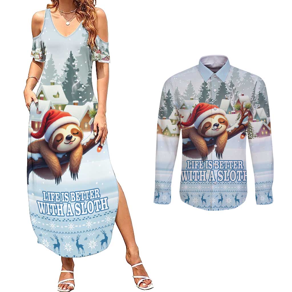 Merry Slothmas Couples Matching Summer Maxi Dress and Long Sleeve Button Shirt Life Is Better With A Sloth - Wonder Print Shop