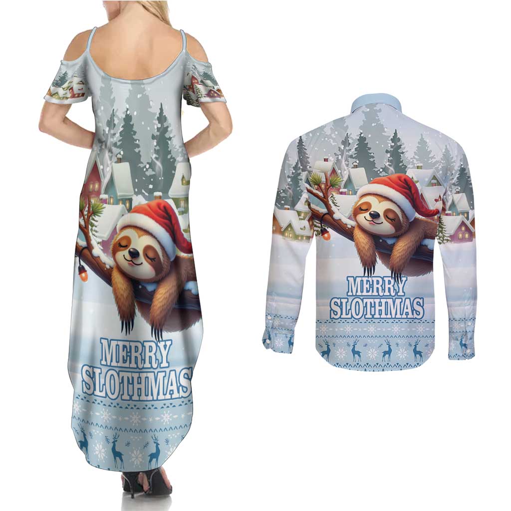 Merry Slothmas Couples Matching Summer Maxi Dress and Long Sleeve Button Shirt Life Is Better With A Sloth - Wonder Print Shop