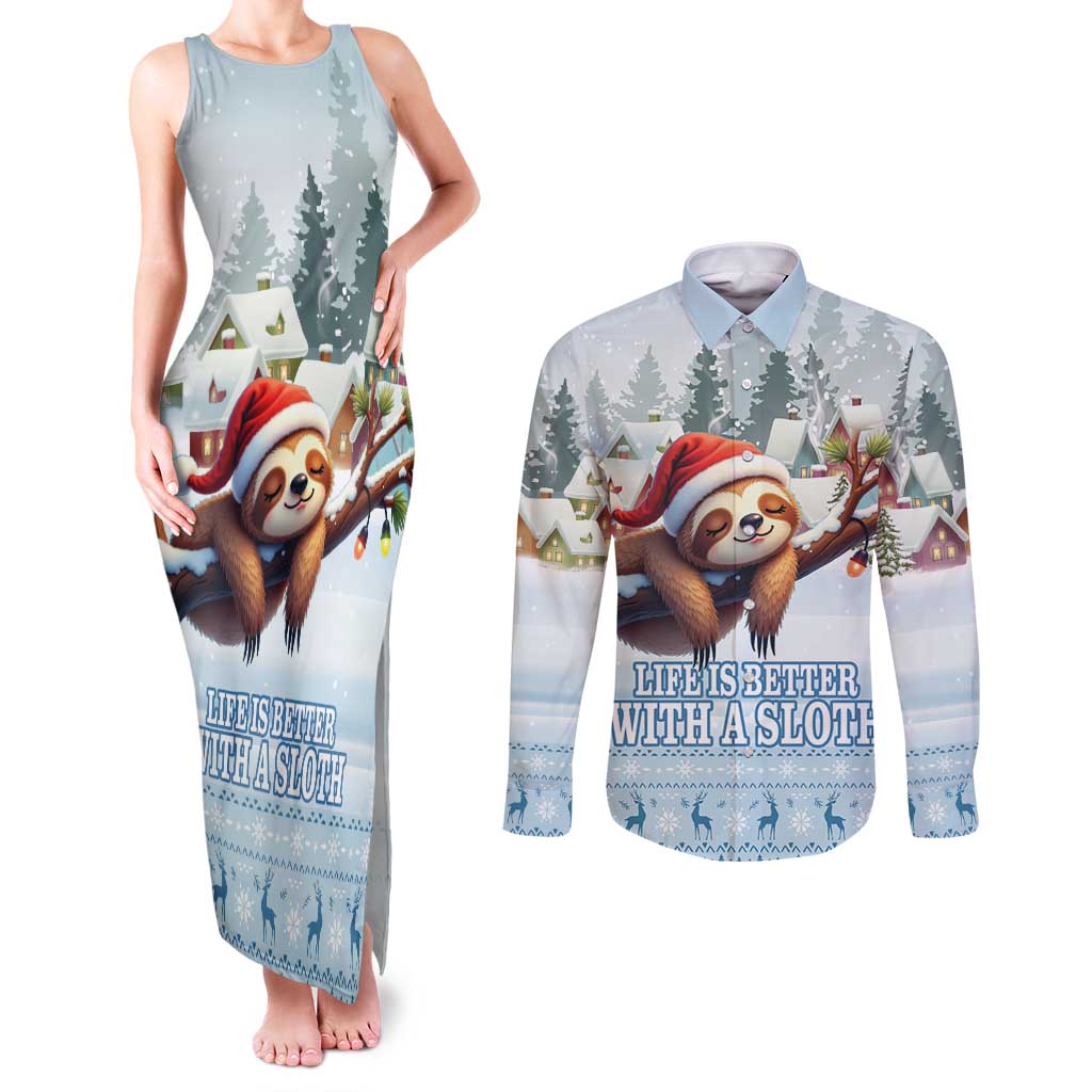 Merry Slothmas Couples Matching Tank Maxi Dress and Long Sleeve Button Shirt Life Is Better With A Sloth - Wonder Print Shop