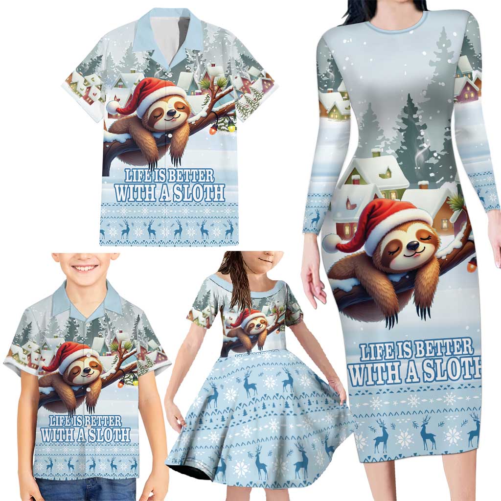 Merry Slothmas Family Matching Long Sleeve Bodycon Dress and Hawaiian Shirt Life Is Better With A Sloth - Wonder Print Shop