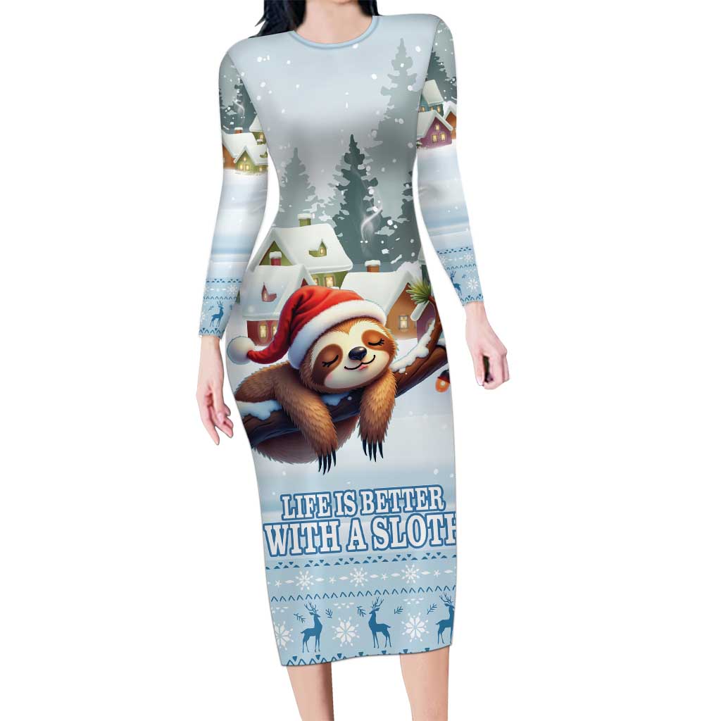 Merry Slothmas Family Matching Long Sleeve Bodycon Dress and Hawaiian Shirt Life Is Better With A Sloth - Wonder Print Shop