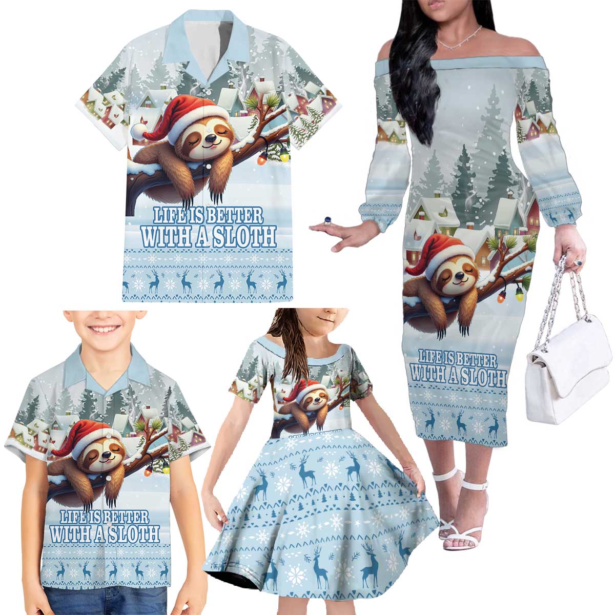 Merry Slothmas Family Matching Off The Shoulder Long Sleeve Dress and Hawaiian Shirt Life Is Better With A Sloth - Wonder Print Shop