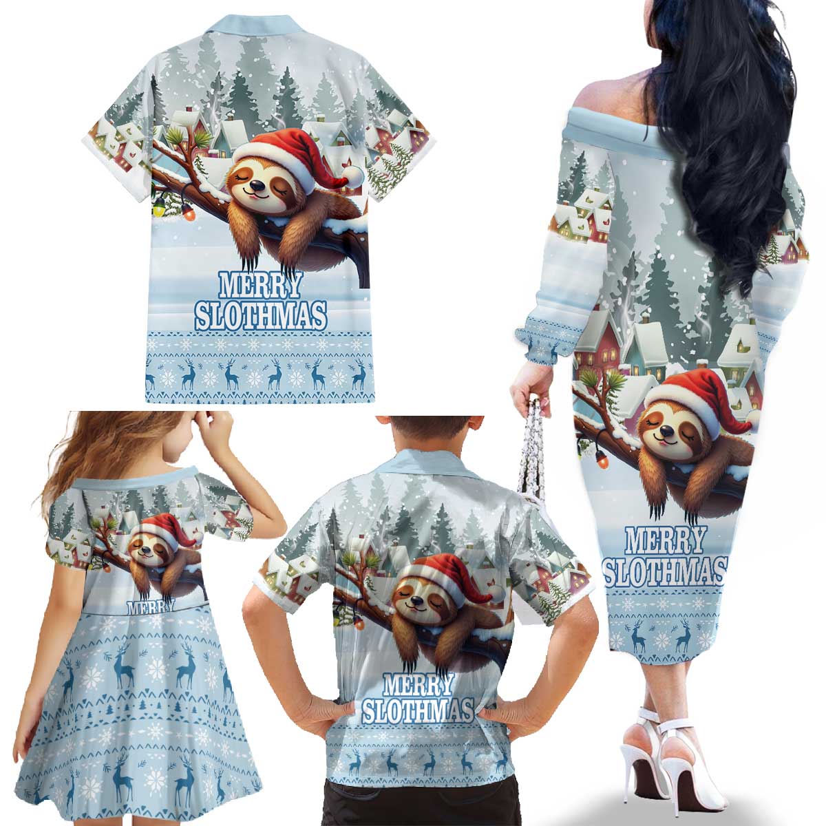 Merry Slothmas Family Matching Off The Shoulder Long Sleeve Dress and Hawaiian Shirt Life Is Better With A Sloth - Wonder Print Shop