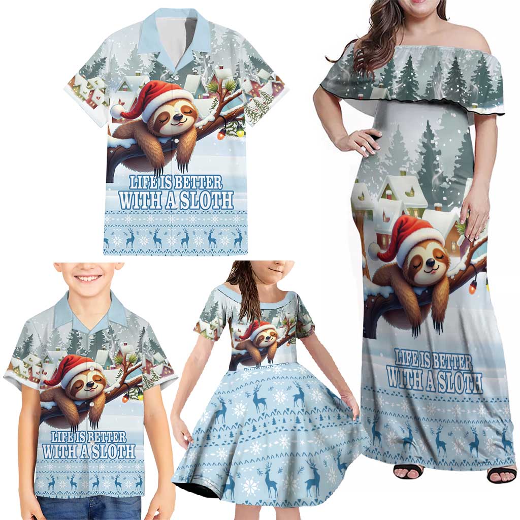 Merry Slothmas Family Matching Off Shoulder Maxi Dress and Hawaiian Shirt Life Is Better With A Sloth - Wonder Print Shop
