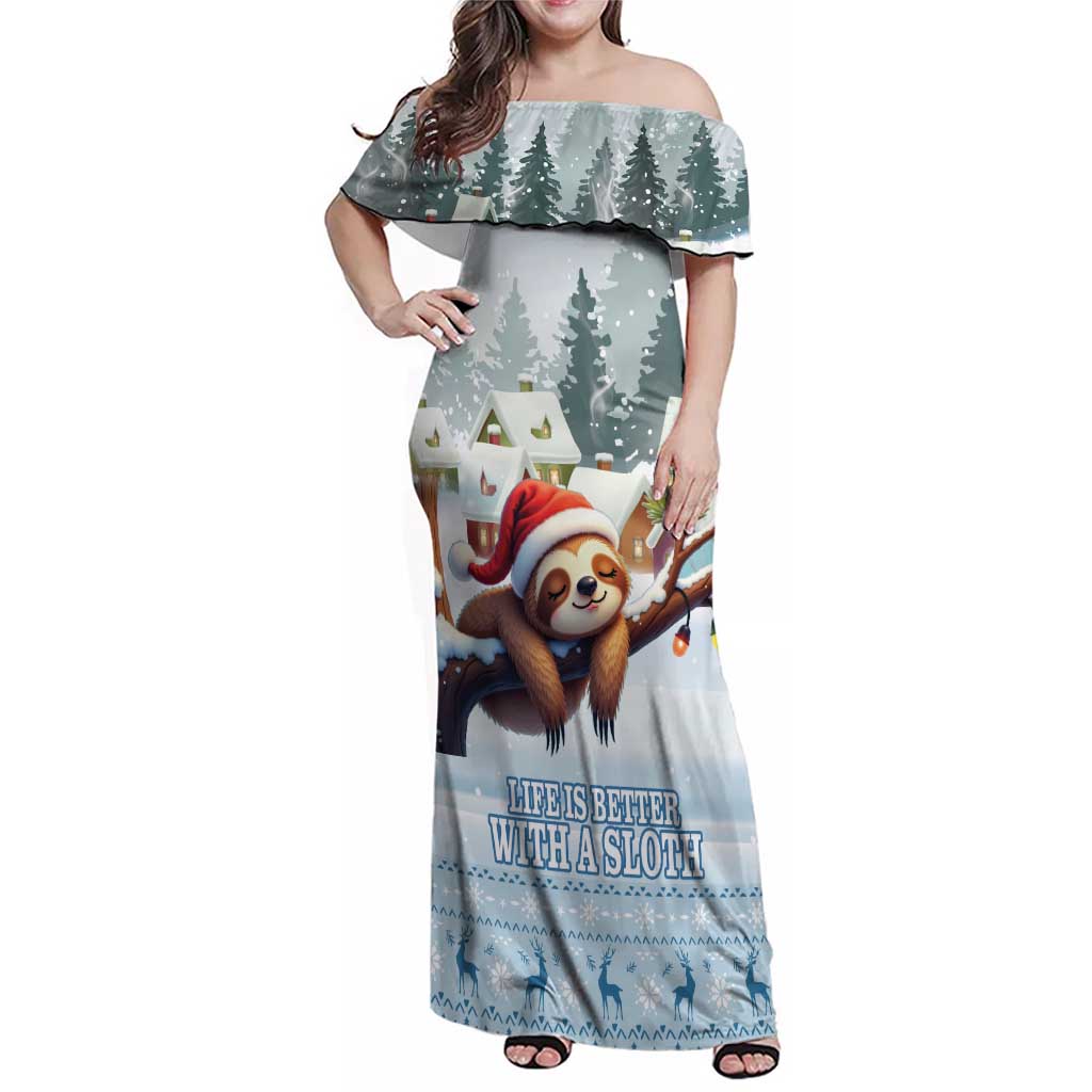 Merry Slothmas Family Matching Off Shoulder Maxi Dress and Hawaiian Shirt Life Is Better With A Sloth - Wonder Print Shop