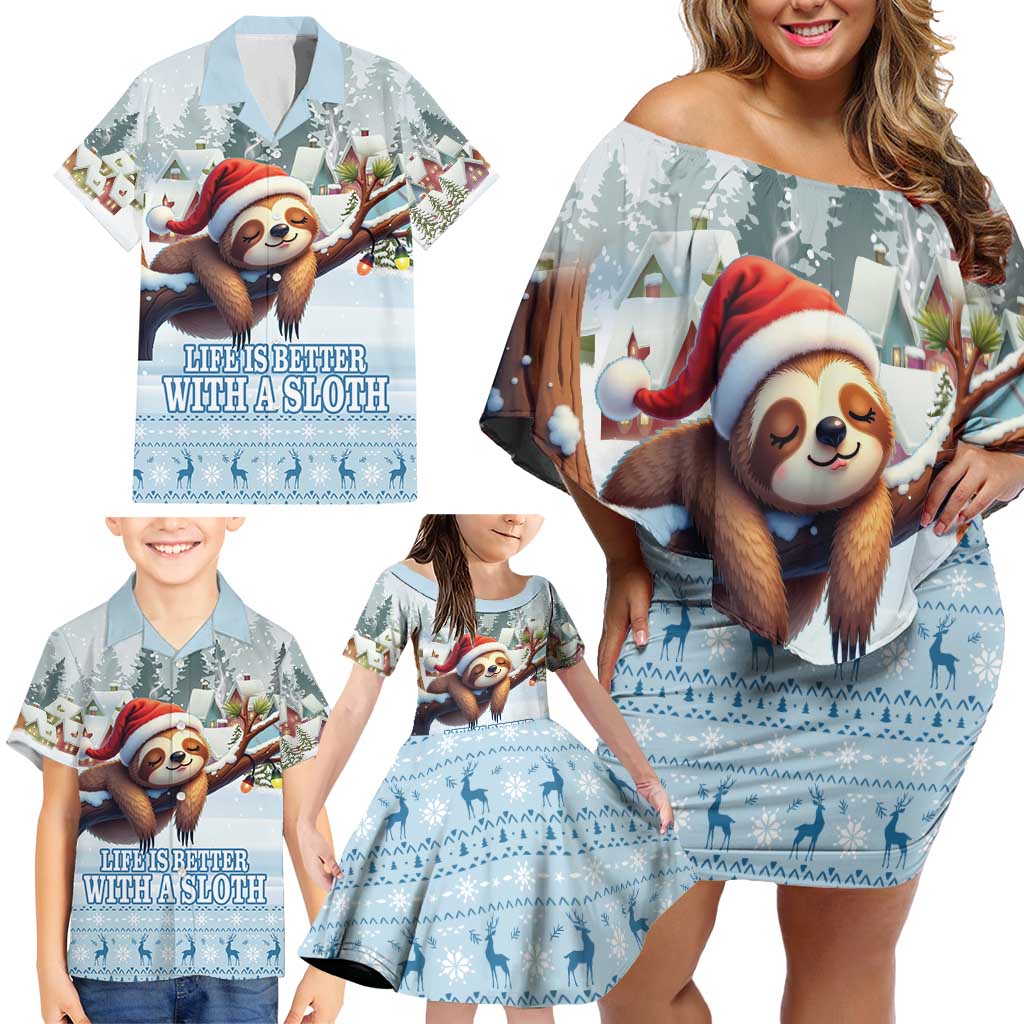 Merry Slothmas Family Matching Off Shoulder Short Dress and Hawaiian Shirt Life Is Better With A Sloth - Wonder Print Shop