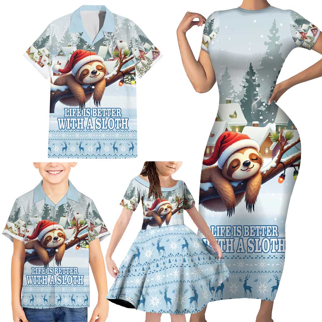 Merry Slothmas Family Matching Short Sleeve Bodycon Dress and Hawaiian Shirt Life Is Better With A Sloth - Wonder Print Shop