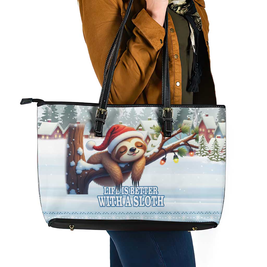 Merry Slothmas Leather Tote Bag Life Is Better With A Sloth - Wonder Print Shop