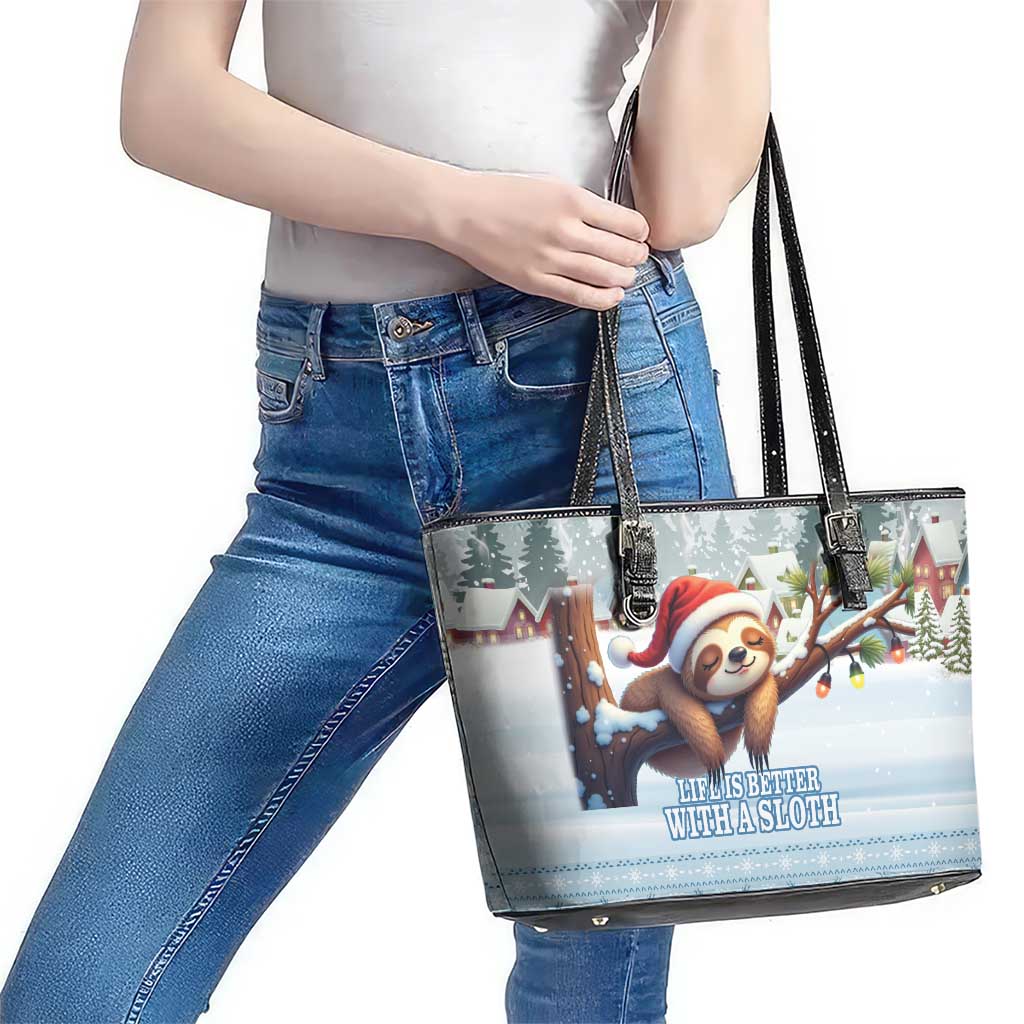 Merry Slothmas Leather Tote Bag Life Is Better With A Sloth - Wonder Print Shop