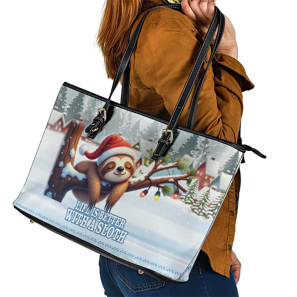 Merry Slothmas Leather Tote Bag Life Is Better With A Sloth - Wonder Print Shop