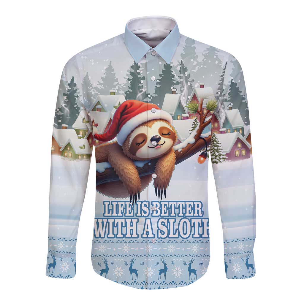 Merry Slothmas Long Sleeve Button Shirt Life Is Better With A Sloth - Wonder Print Shop
