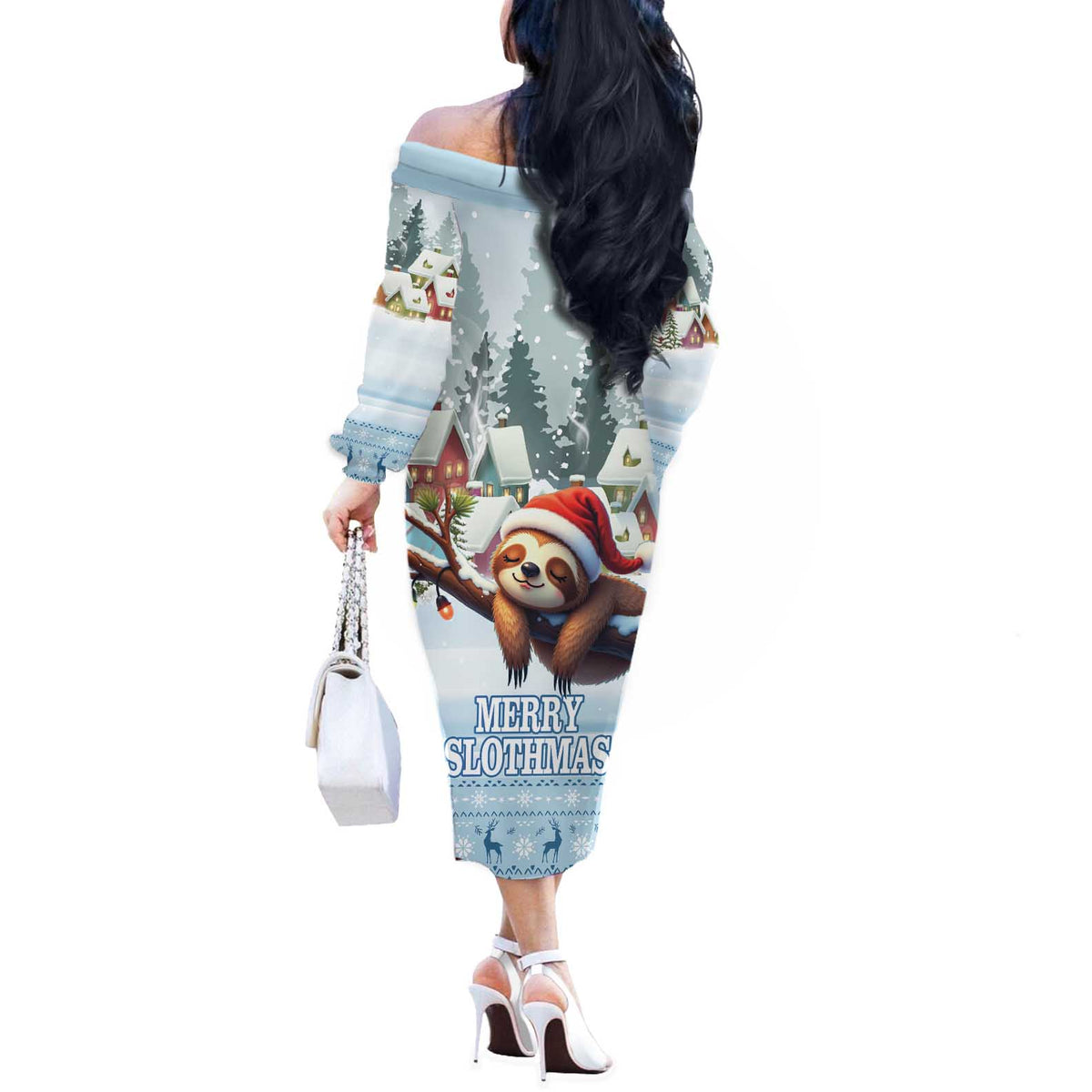 Merry Slothmas Off The Shoulder Long Sleeve Dress Life Is Better With A Sloth - Wonder Print Shop