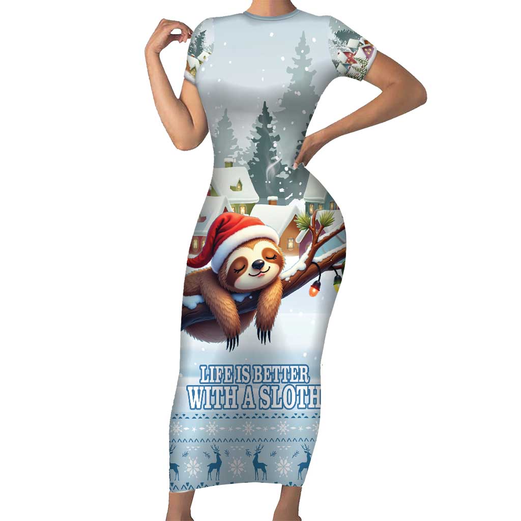 Merry Slothmas Short Sleeve Bodycon Dress Life Is Better With A Sloth - Wonder Print Shop