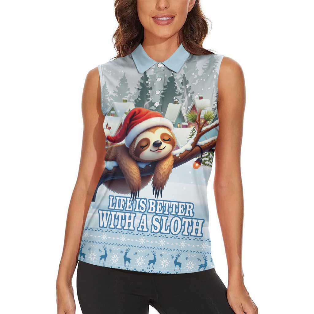 Merry Slothmas Women Sleeveless Polo Shirt Life Is Better With A Sloth - Wonder Print Shop