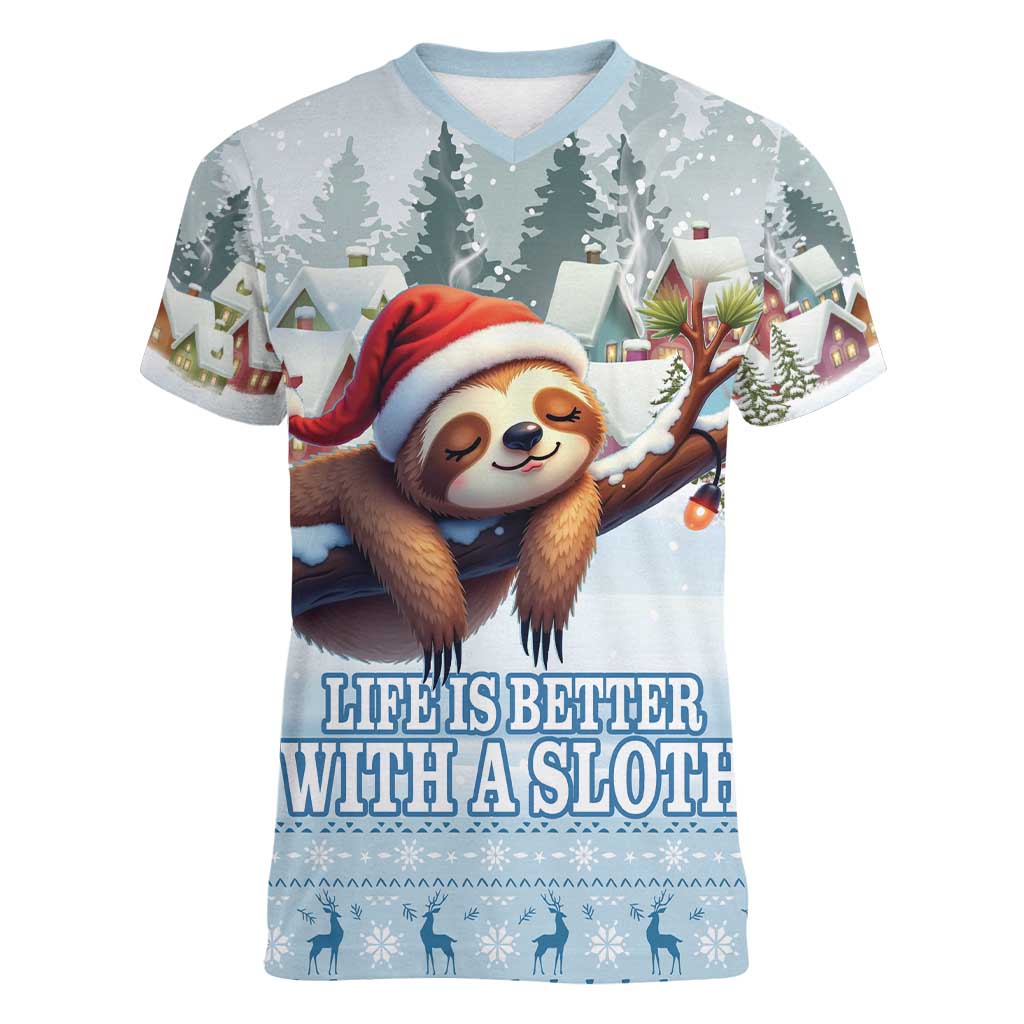 Merry Slothmas Women V-Neck T-Shirt Life Is Better With A Sloth - Wonder Print Shop