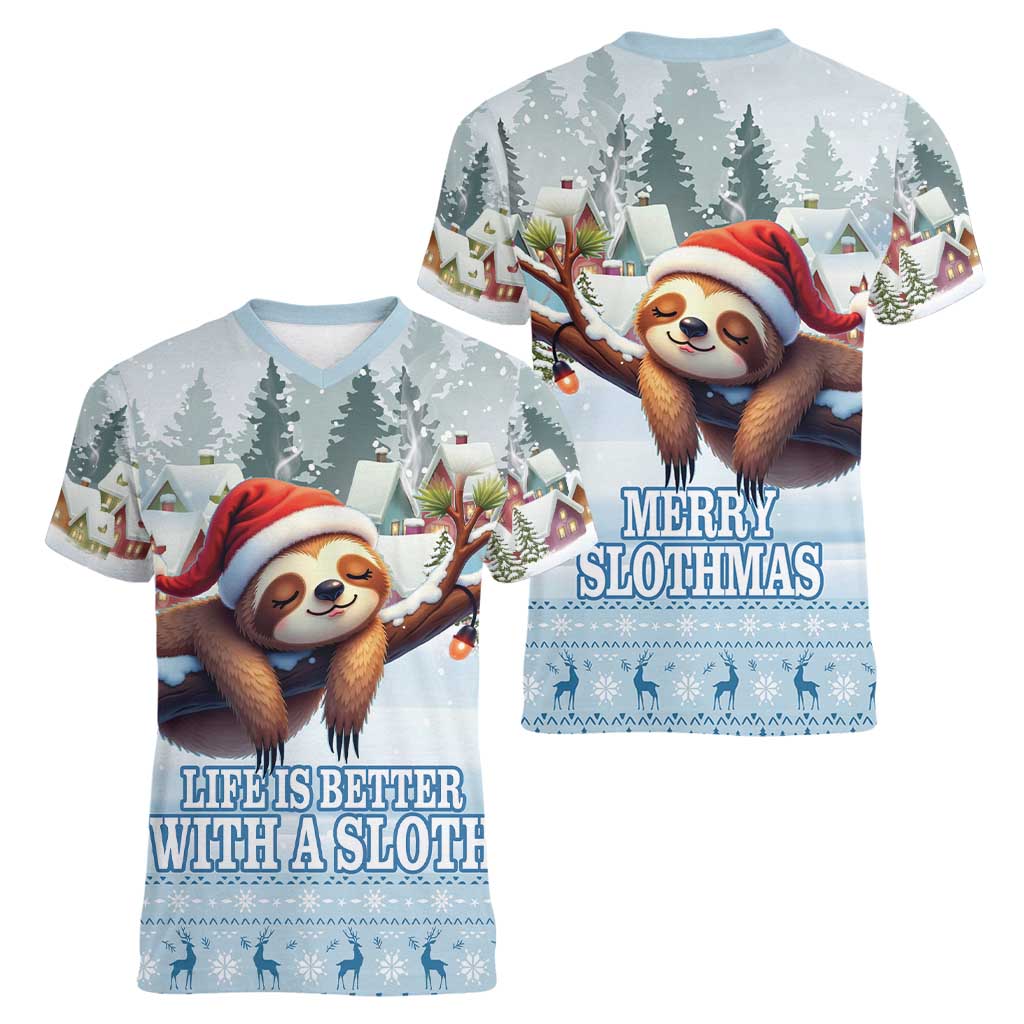 Merry Slothmas Women V-Neck T-Shirt Life Is Better With A Sloth - Wonder Print Shop