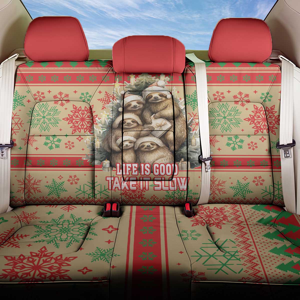 Slothy Christmas Back Car Seat Cover Life Is Good Take It Slow - Wonder Print Shop