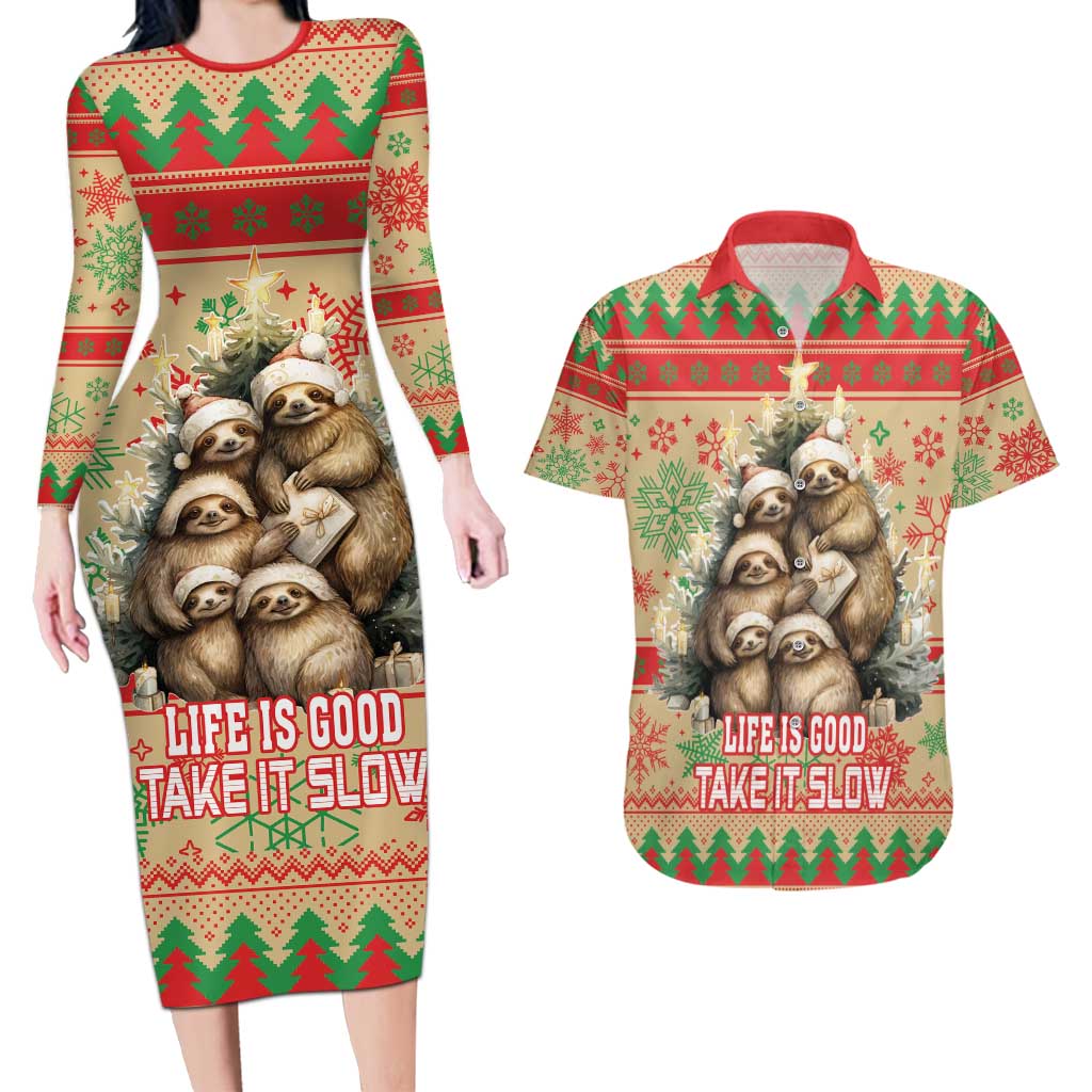 Slothy Christmas Couples Matching Long Sleeve Bodycon Dress and Hawaiian Shirt Life Is Good Take It Slow - Wonder Print Shop