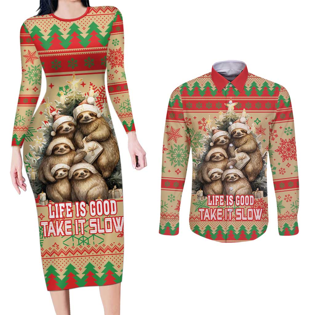Slothy Christmas Couples Matching Long Sleeve Bodycon Dress and Long Sleeve Button Shirt Life Is Good Take It Slow - Wonder Print Shop