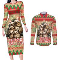 Slothy Christmas Couples Matching Long Sleeve Bodycon Dress and Long Sleeve Button Shirt Life Is Good Take It Slow - Wonder Print Shop